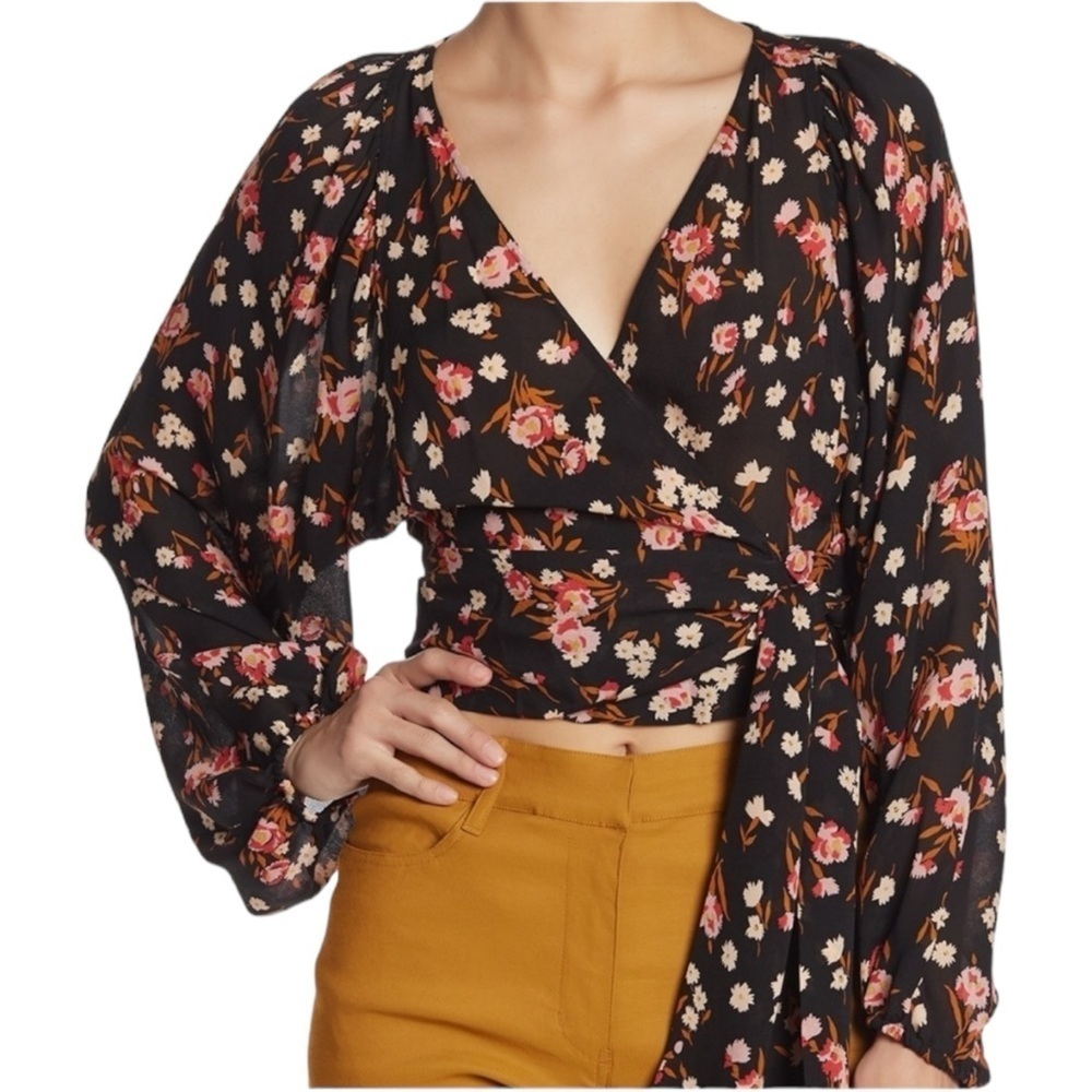 A.L.C. Carla Floral 100% Silk Wrap Crop Top Blouse Balloon Sleeves Black Small 6 - Picture 3 of 14